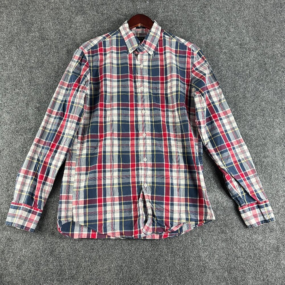 J Crew Shirt Mens Medium Slim Flex Washed Red White Blue Plaid Cotton Long Sleev